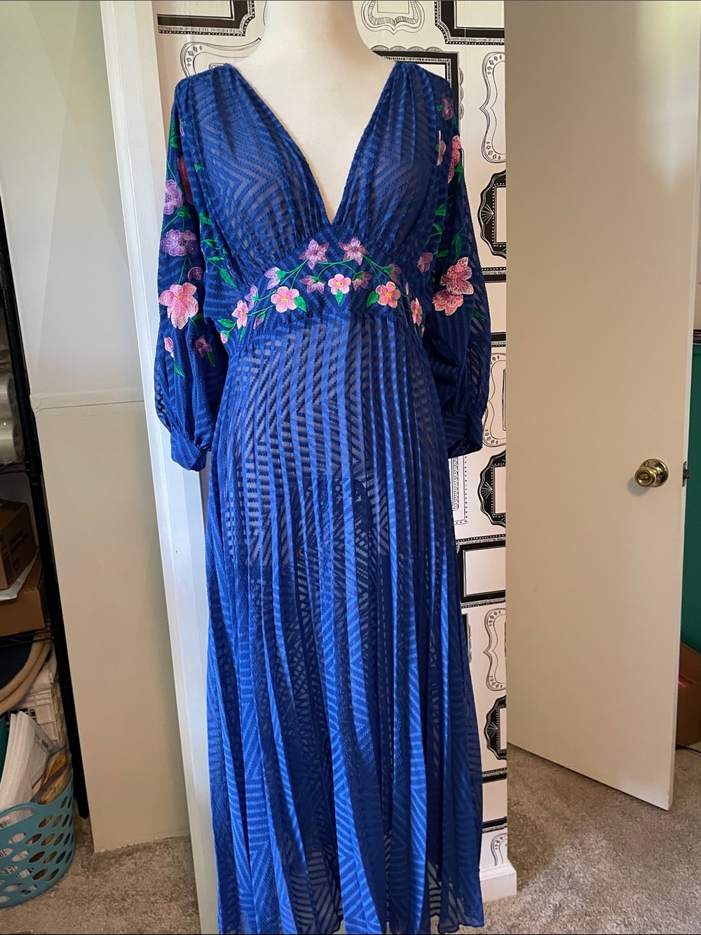 ASOS Royal Blue V-Neck Maxi Dress with Pink Floral Embroidery
